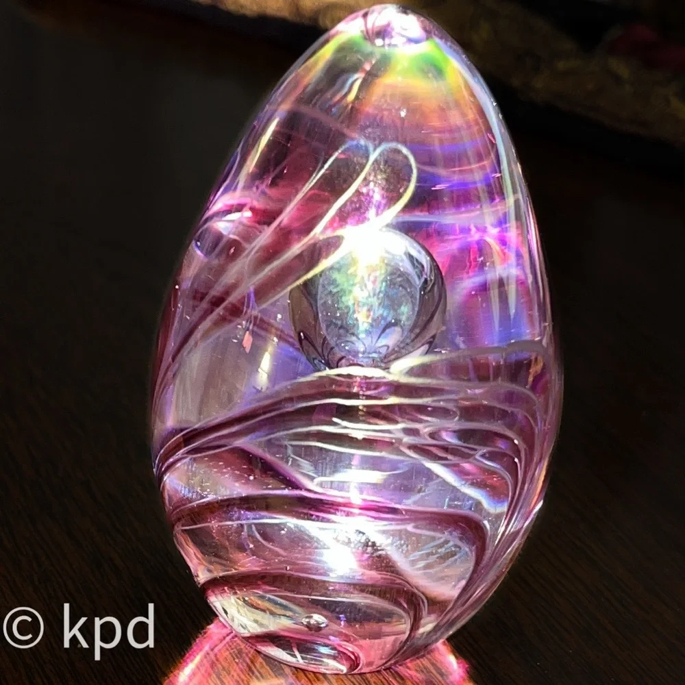 Glass Eye Studio Egg Iridescent Suspended Bubble Paperweight - Marked GES 96